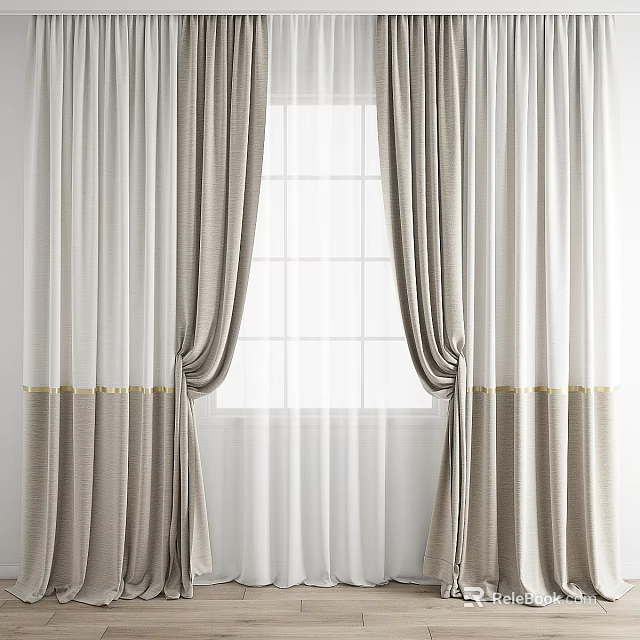 Elegant Light Gray Double Layer Curtains With White Sheer And Gold Trim 3d model 