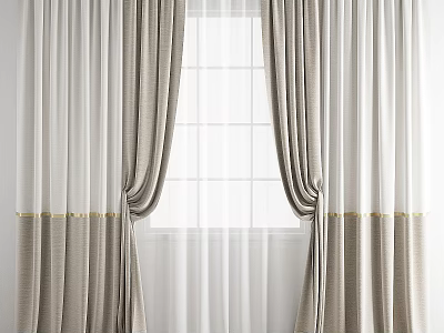 Elegant Light Gray Double Layer Curtains With White Sheer And Gold Trim 3d model