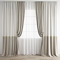 Elegant Light Gray Double Layer Curtains With White Sheer And Gold Trim 3d model