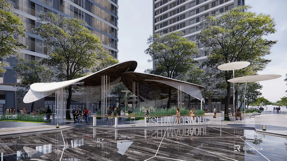 Modern Plaza Landscape with High Rise Buildings Trees Shaded Canopy Smooth Stone Pavement and People 3d model 