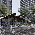 Modern Plaza Landscape with High Rise Buildings Trees Shaded Canopy Smooth Stone Pavement and People