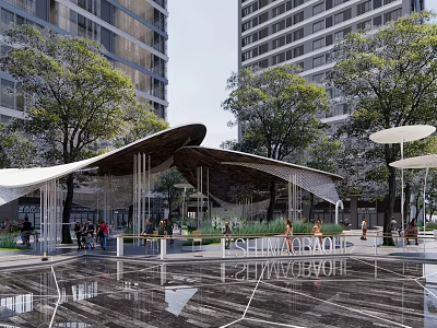 Modern Plaza Landscape with High Rise Buildings Trees Shaded Canopy Smooth Stone Pavement and People 3d model
