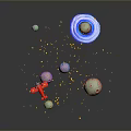 Modern Space Themed Scene Featuring Blue Planet Colorful Small Planets Red Toy Plane Yellow Stardust