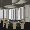 Elegant Private Dining Room with Round Table Large Windows and Modern Lighting 3d model