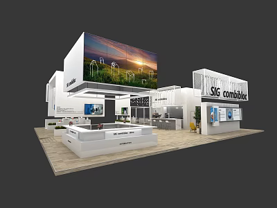 Modern Exhibition Booth for SK Controls with Large Digital Screen Reception Counter and Display Areas 3d model