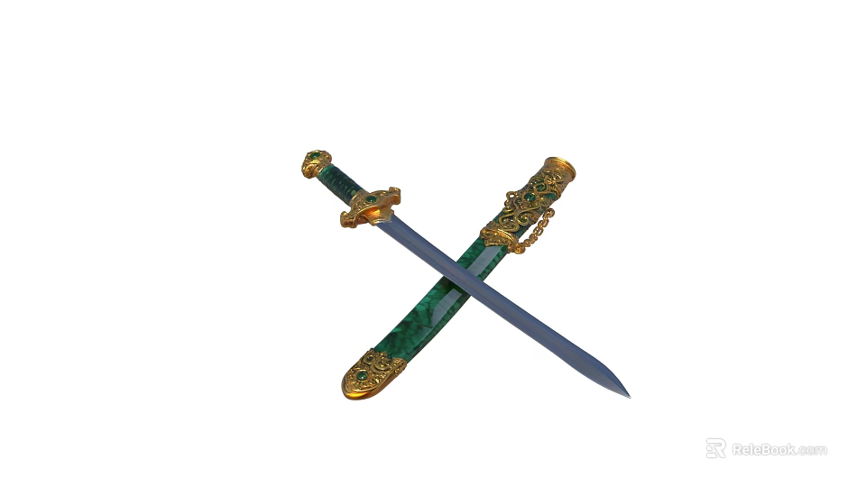 Decorative Ornament Set with Crossed Swords Green Gold Hilt and Metal Blade 3d model 