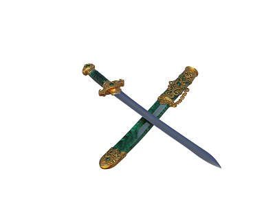 Decorative Ornament Set with Crossed Swords Green Gold Hilt and Metal Blade 3d model