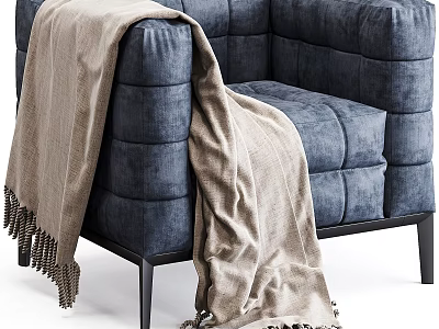 Blue Single Sofa With Beige Fringed Throw Blanket And Black Legs 3d model