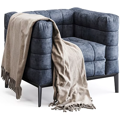 Blue Single Sofa With Beige Fringed Throw Blanket And Black Legs 3d model