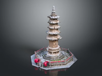 Ancient Stone Pagoda Architectural Design With Multi Tiered Structure Hexagonal Base And Red Railings 3d model