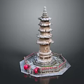 Ancient Stone Pagoda Architectural Design With Multi Tiered Structure Hexagonal Base And Red Railings