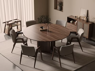 Modern Round Wooden Dining Table Set With Chairs Rug Cabinet Plant And Window Curtains 3d model