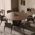 Modern Round Wooden Dining Table Set With Chairs Rug Cabinet Plant And Window Curtains