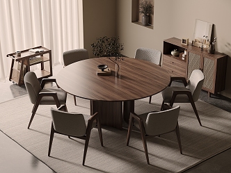 Solid Wood Dining Table and Chair Combination Solid Wood Dining Table and Chair Round Dining Table Restaurant Backrest Dining Chair Dining Side Cabinet Side Cabinet Vase Ornaments Carpet Dried Flowers 3d model