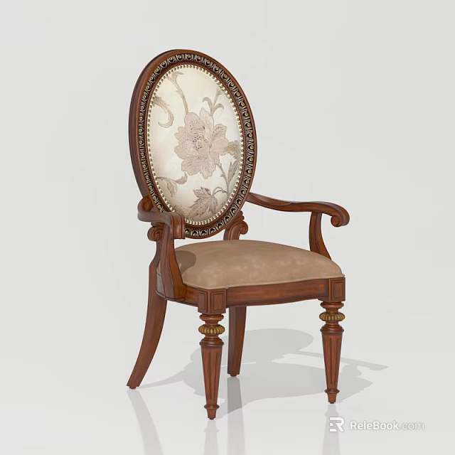 Elegant Wooden Accent Chair With Oval Floral Pattern Backrest Armrests Gold Accent Legs And Light Upholstery 3d model 