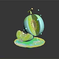 Fresh Sliced Green Kiwi on Plate with Juice Splatter and Droplets