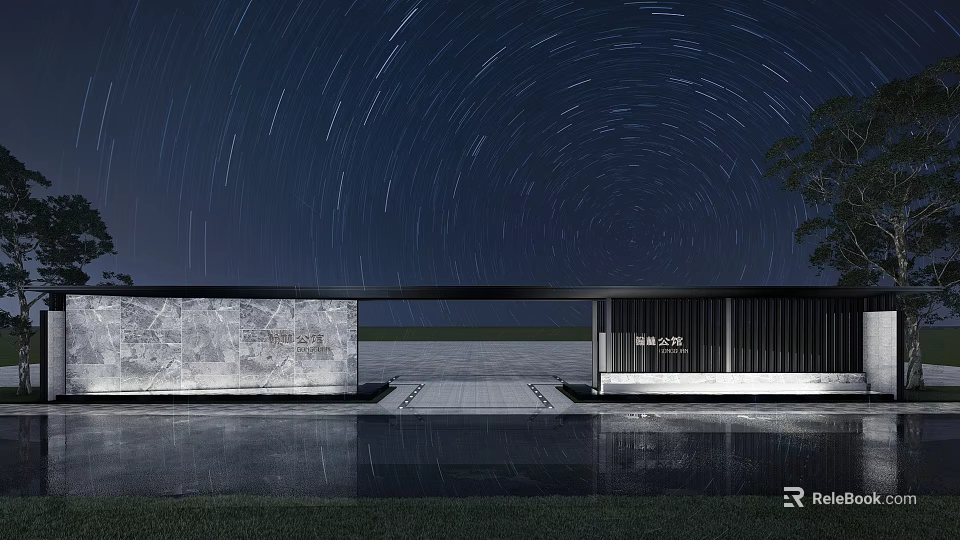 Modern Entrance Gate Design Under Night Sky With Star Trails Marble Wall And Water Reflection 3d model 