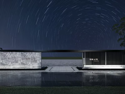 Modern Entrance Gate Design Under Night Sky With Star Trails Marble Wall And Water Reflection 3d model