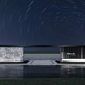 Modern Entrance Gate Design Under Night Sky With Star Trails Marble Wall And Water Reflection