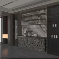 Modern Sideboard with Black White Patterned Doors Marble Wall LED Lighting Wine Glasses and Coffee Machine 3d model