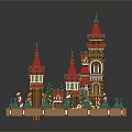 Festive Christmas Castle Model With Red Spires Towers Green Decorations Candies Snowflakes On Circular Base