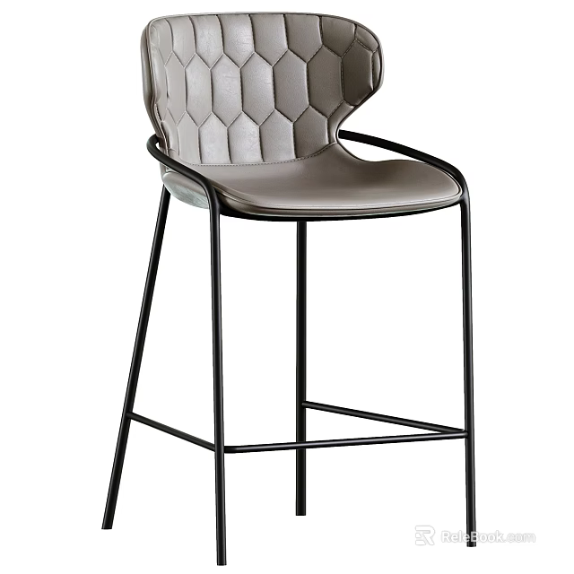 Modern Gray Leather Bar Stool With Black Metal Frame And High Back Design 3d model 