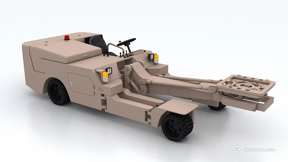 Beige Utility Vehicle with Cab Front Lights and Tow Hitch Black Wheels 3d model 