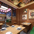 Traditional Japanese Restaurant Interior Featuring Cherry Blossom Tree Wooden Decor And Green Seats