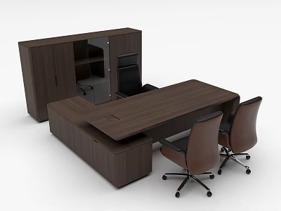 Modern Office Desk And Chair Set With Dark Wooden Design And Storage Cabinet 3d model