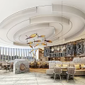 Elegant Modern Restaurant Interior With Circular Ceiling Chandeliers Dining Tables And Large Windows 3d model