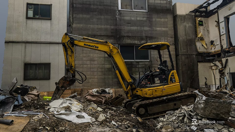 KOMATSU Yellow Excavator Engaged In Demolition Work Amidst Rubble And Old Buildings 3d model 