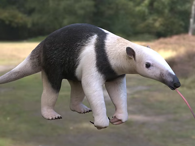 Black And White Reptile Extending Tongue On Grass Field With Trees Background 3d model