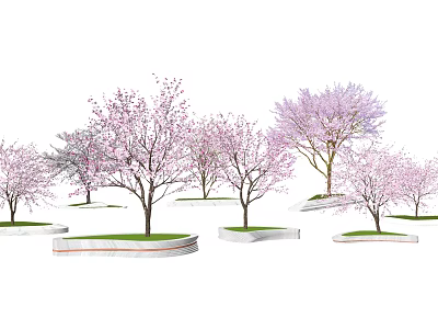 Arbor Trees With Pink Blossoms Growing On Green Lawn And Stone Platforms 3d model
