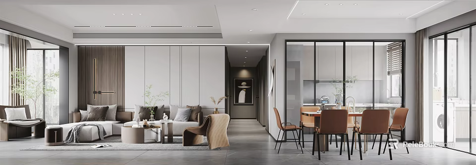 Modern Living And Dining Room Interior With Sofa Dining Table And Minimalist Decor 3d model 