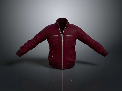 Red Casual Long Sleeve Jacket with Stand Up Collar Zipper and Front Pockets 3d model