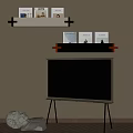 Modern Television on Black Tripod Stand with Wall Shelf and Orange Accents