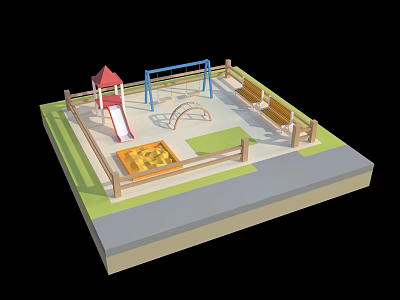 Colorful Cartoon Playground Scene with Slide Swings Sandpit Benches Fence and Grass Lawn 3d model