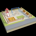 Colorful Cartoon Playground Scene with Slide Swings Sandpit Benches Fence and Grass Lawn