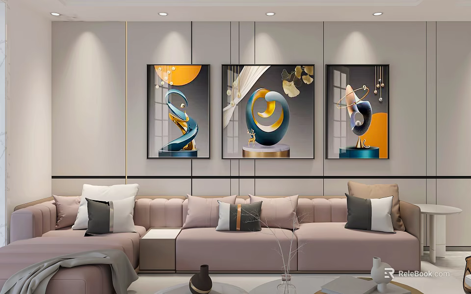 Modern Living Room Interior With Abstract Artworks Comfortable Sofa And Pillows 3d model 