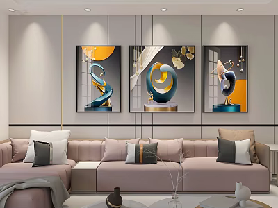 Modern Living Room Interior With Abstract Artworks Comfortable Sofa And Pillows 3d model