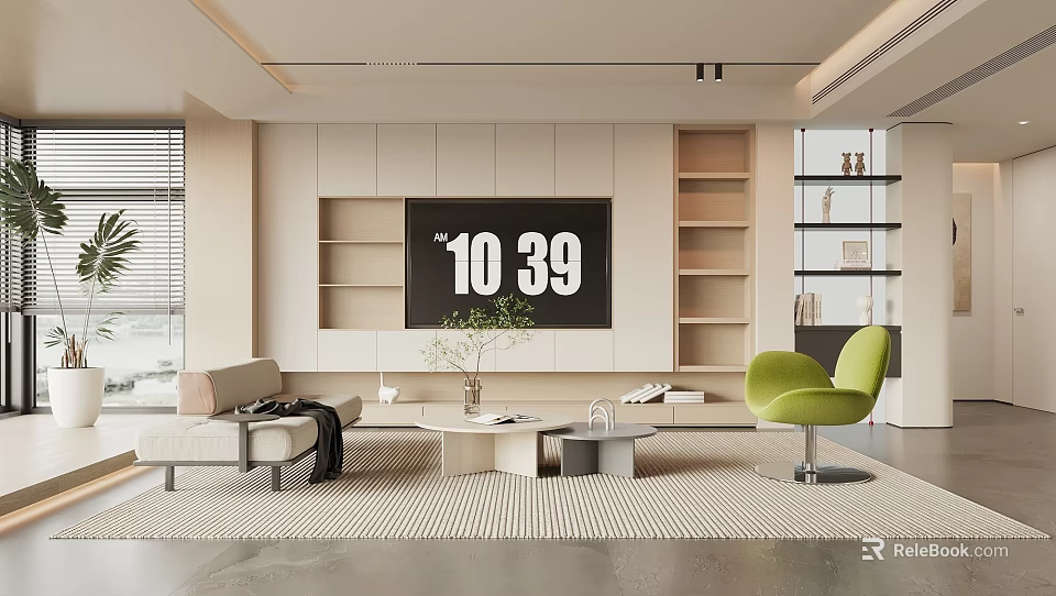 Modern Minimalist TV Background Wall Design With Built-in Light Wood Shelves And TV 3d model 