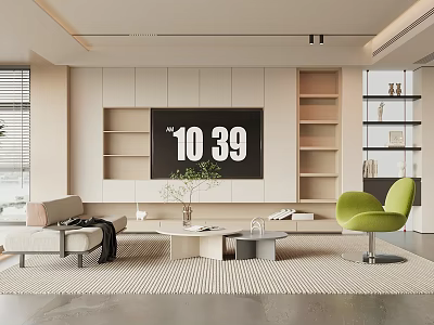 Modern Minimalist TV Background Wall Design With Built-in Light Wood Shelves And TV 3d model