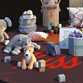 Various Stuffed Dolls And Plush Toys On Mat With Pillows Building Blocks And Accessories