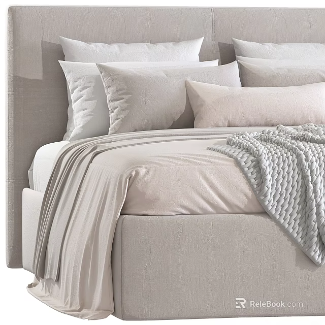 Double Bed In Background With Upholstered Headboard Light Colored Pillows Soft Bedspread And Knitted Blanket 3d model 