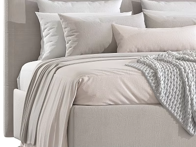 Double Bed In Background With Upholstered Headboard Light Colored Pillows Soft Bedspread And Knitted Blanket 3d model