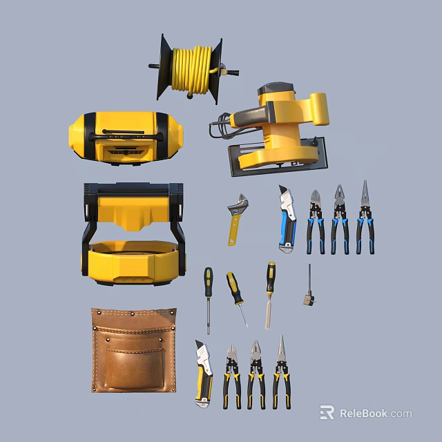 Essential Hardware Tools Set With Tape Measure Electric Drill Pliers Screwdrivers And Tool Pouch 3d model 