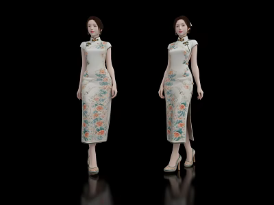 Women Wearing Traditional Chinese Qipao With Floral Patterns On Black Background 3d model