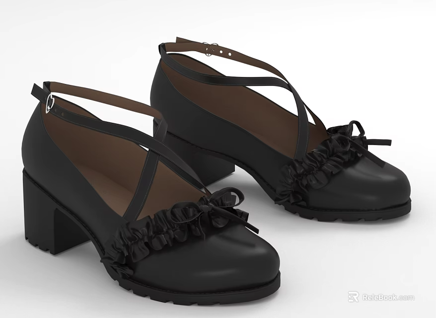 Black Women's Stylish Shoes With Cross Straps Ruffles Bow Decorations And Block Heels 3d model 