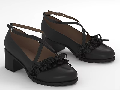 Black Women's Stylish Shoes With Cross Straps Ruffles Bow Decorations And Block Heels 3d model