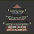 Traditional Three story Architectural Building With Black Roof Red Pillars And Green Decorations